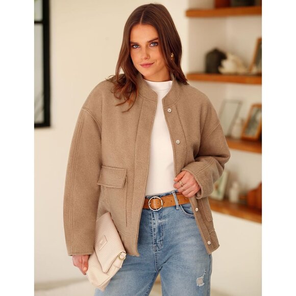 Women camel  Winter Fleece Jacket Long Sleeve Casual Button Fuzzy Sherpa Crop - Picture 3 of 5